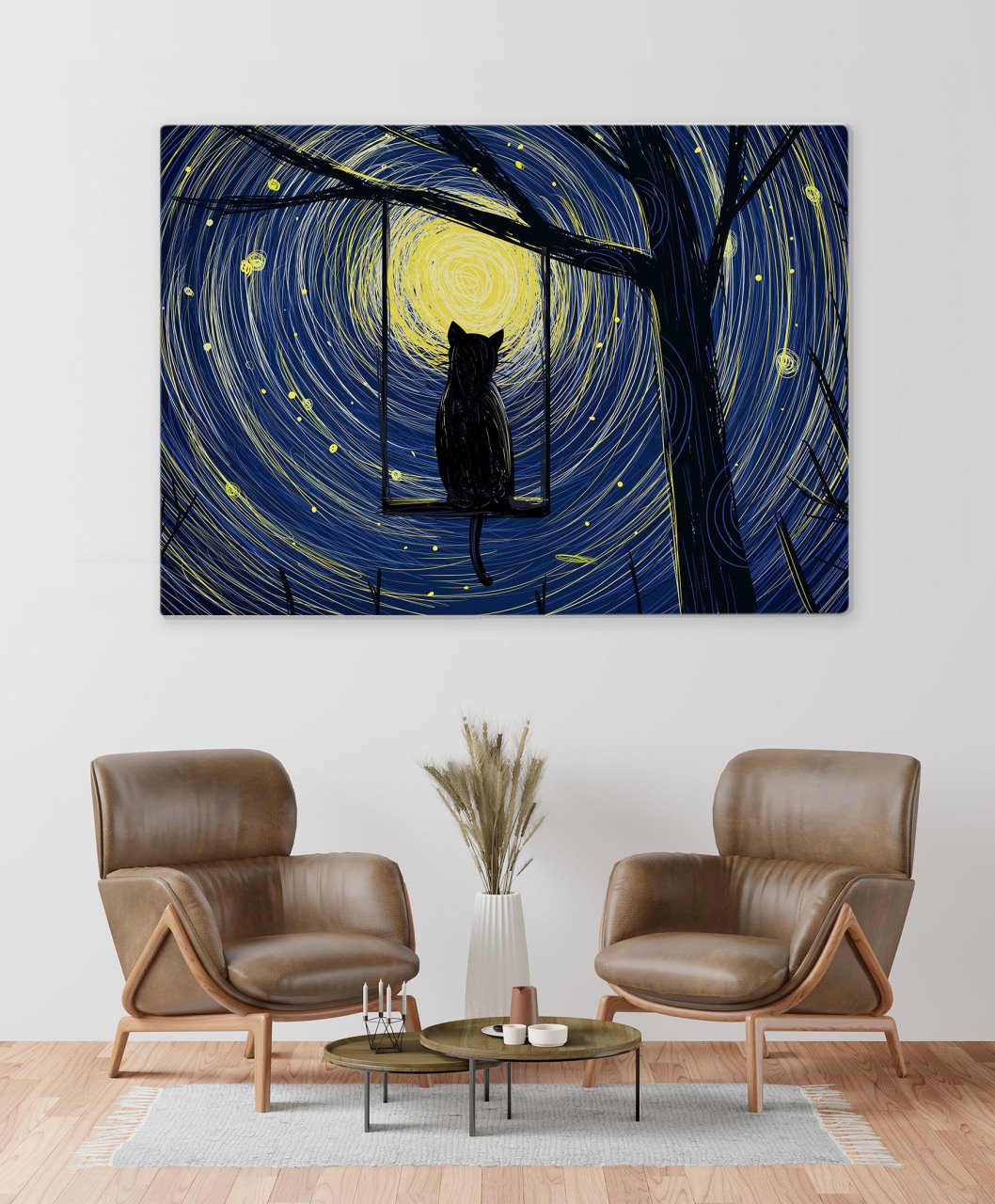 BK Home Ay Işığının Büyüsüne Kapılan Salıncaktaki Kedi Tasarımlı Kanvas Tablo 70x100cm