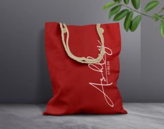 BK Gift Kişiye Özel İsimli Tarihli Kırmızı Halat Saplı Kumaş Bez Çanta-5, Baskılı Omuz Çantası, Alışveriş Çantası, Arkadaşa Hediye