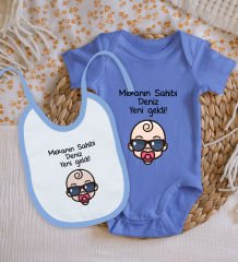 BK Kids Kişiye Özel Mekanın Sahibi Tasarımlı Mavi %100 Pamuklu Kısa Kol Bebek Body Zıbın ve Mama Önlüğü Hediye Seti