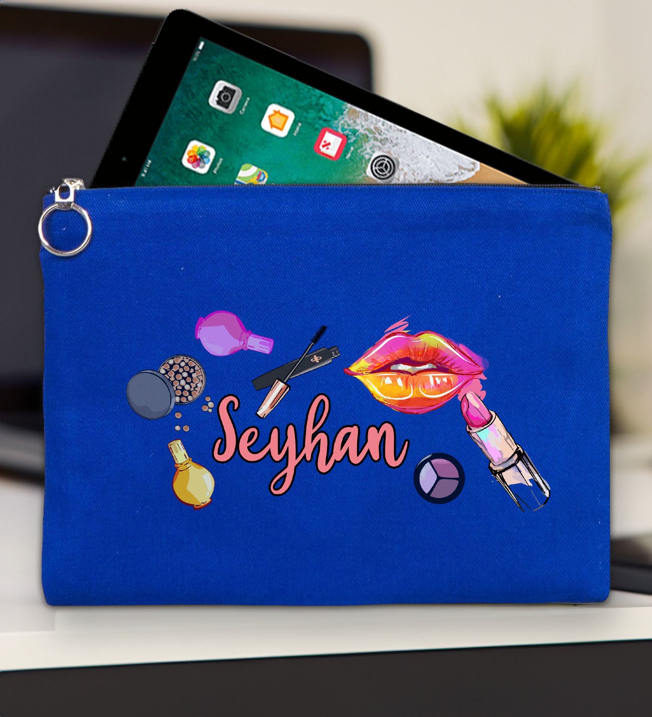 BK Gift Kişiye Özel İsimli-4 Mavi Tablet Çantası 30x21cm, Ipad Çantası, Baskılı Tablet Kılıfı