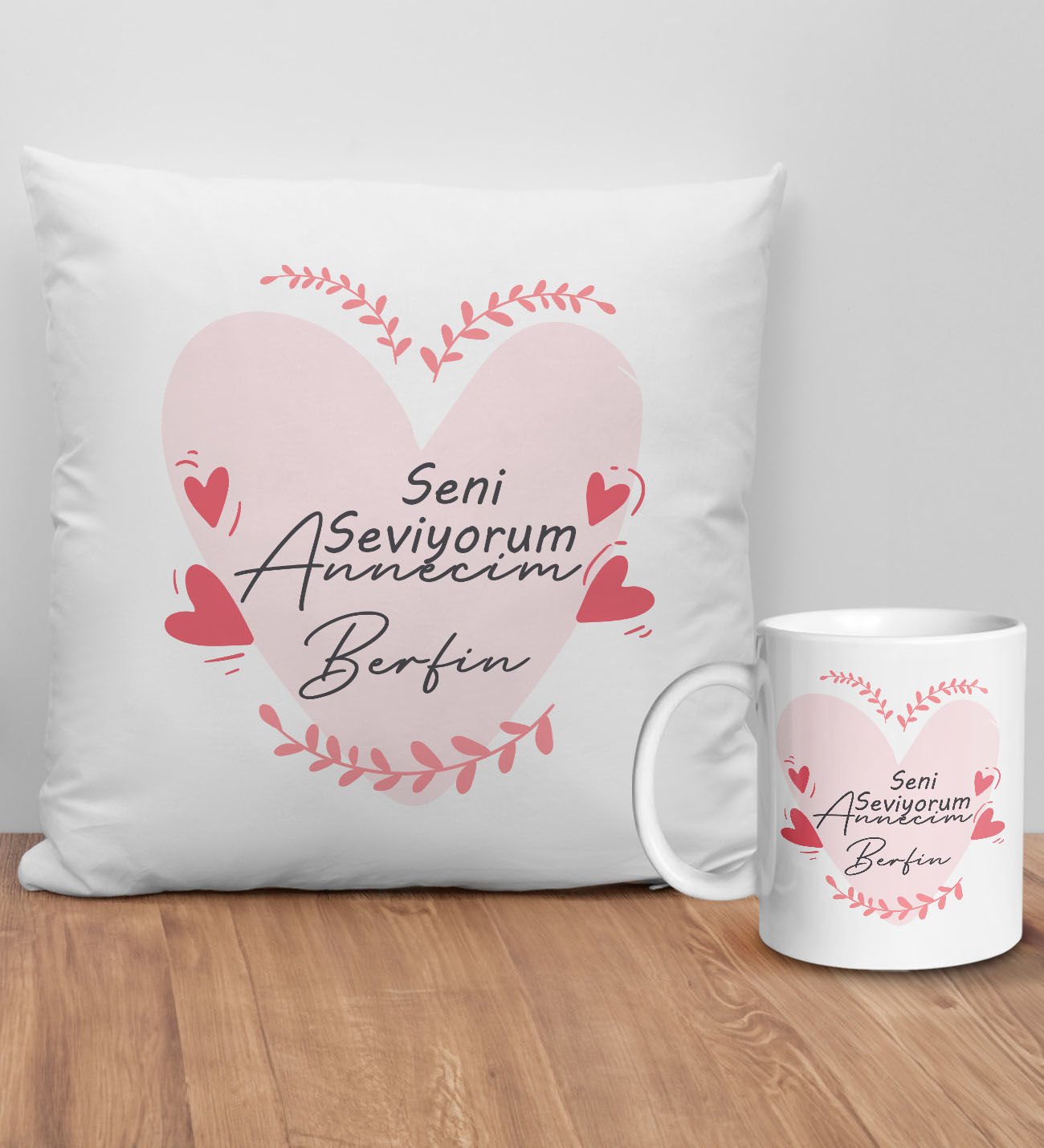 BK Gift Kişiye Özel Anne Tasarımlı Beyaz Kırlent Yastık ve Kupa Seti-8, Anneye Hediye, Anneler Günü Hediyeleri