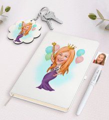 Kişiye Özel Dünya Güzeli Karikatürlü Beyaz Defter Kalem ve Anahtarlık Hediye Seti