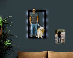 Kişiye Özel Tam Boy Erkek ve Köpek Karikatürlü 3D Led Işıklı Ahşap Tablo-1