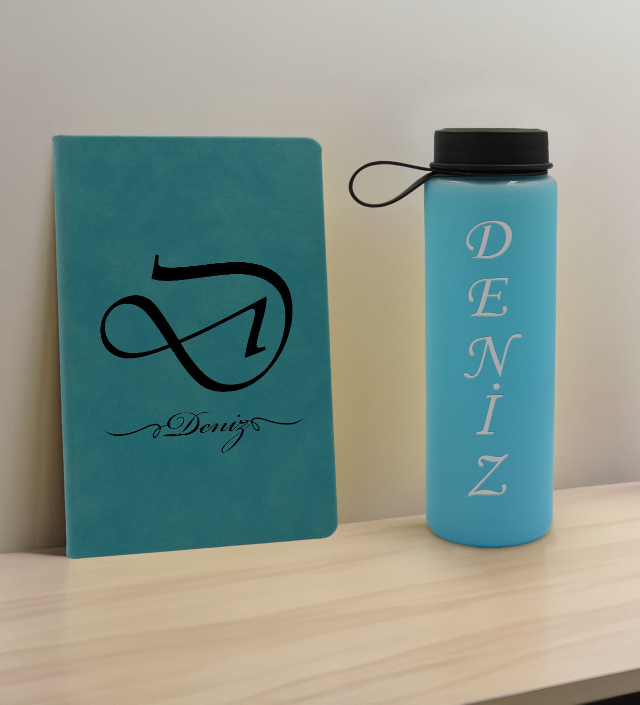 BK Gift Kişiye Özel İsimli Turkuaz Defter ve Cam Matara Hediye Seti-2, Sevgiliye Hediye, Arkadaşa Hediye, Yeni İş Hediyesi