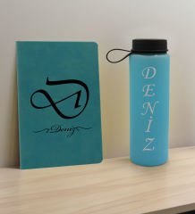 BK Gift Kişiye Özel İsimli Turkuaz Defter ve Cam Matara Hediye Seti-2, Sevgiliye Hediye, Arkadaşa Hediye, Yeni İş Hediyesi