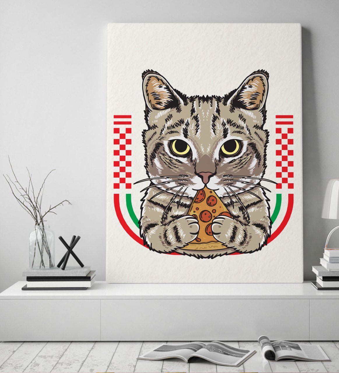 BK Gift Pizza Yiyen Kedi Tasarımlı Kanvas Tablo 50x70cm-1