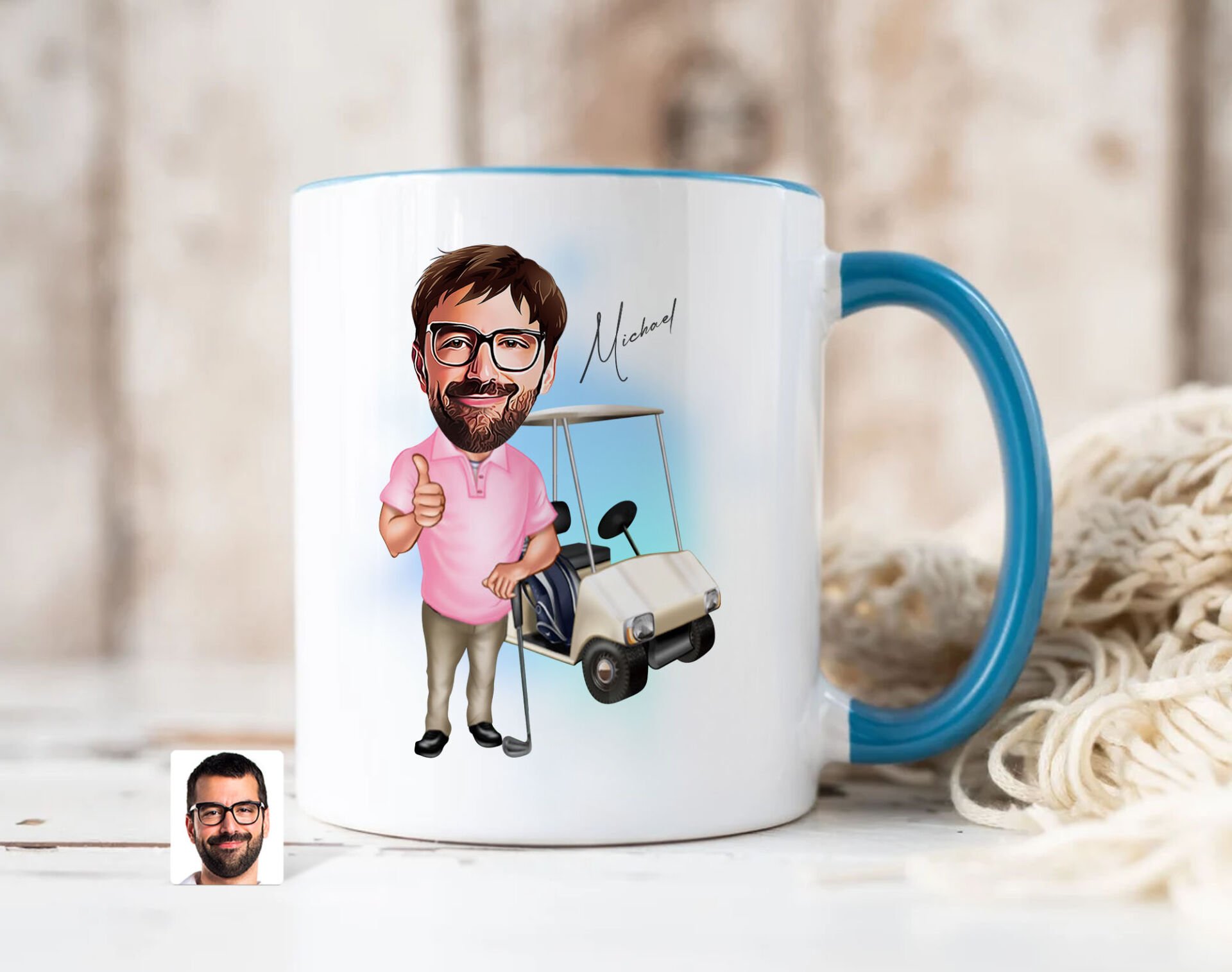 Bk Gift Kişiye Özel Golf Oyuncusu Karikatürlü Mavi Kupa Bardak-7, Sevgiliye Hediye, Arkadaşa Hediye