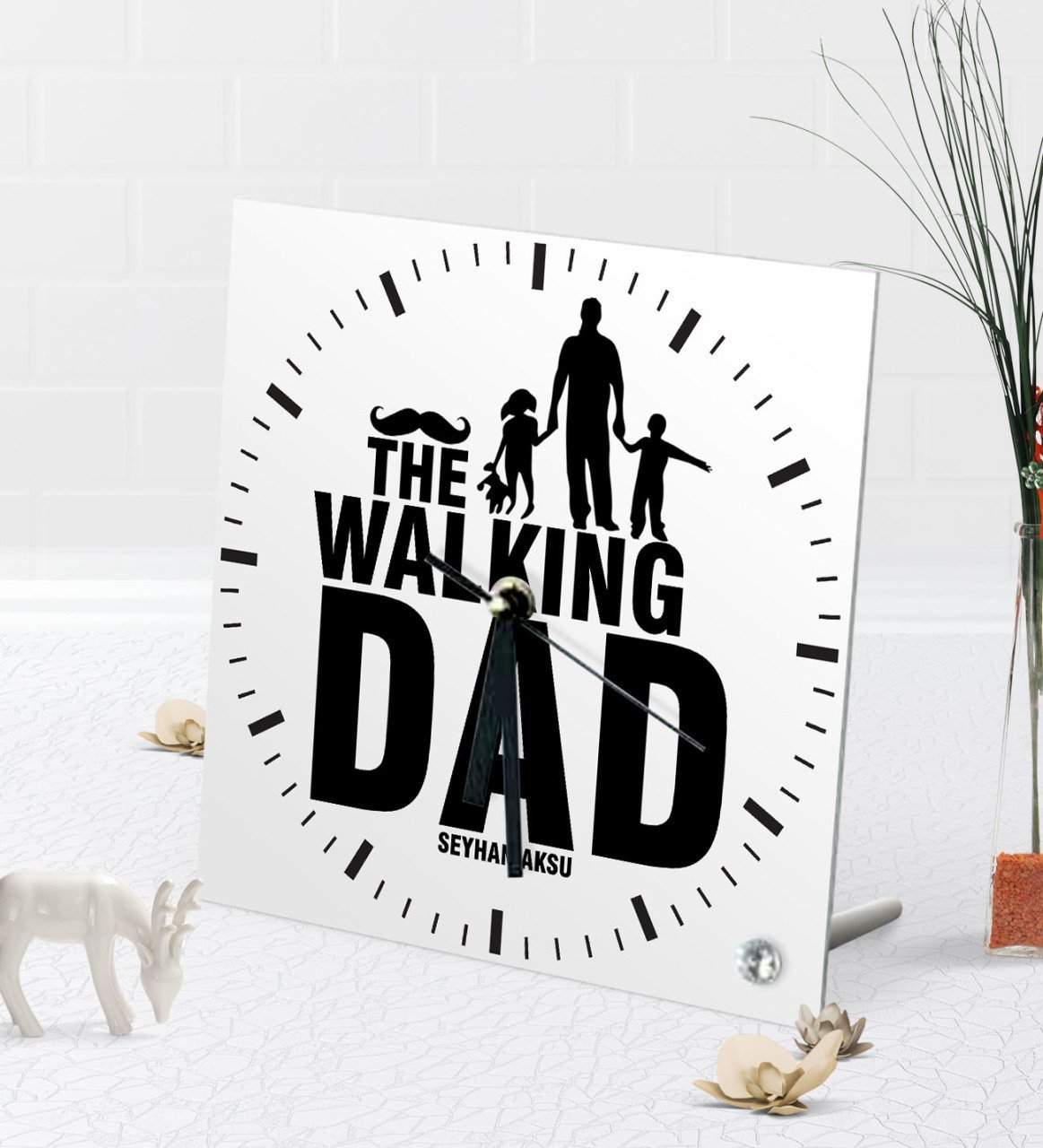 Kişiye Özel The Walking Dad Masaüstü Kare Cam Saat-1