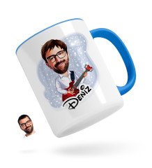 Kişiye Özel Erkek Gitarist Karikatürlü Mavi Kupa Bardak-2