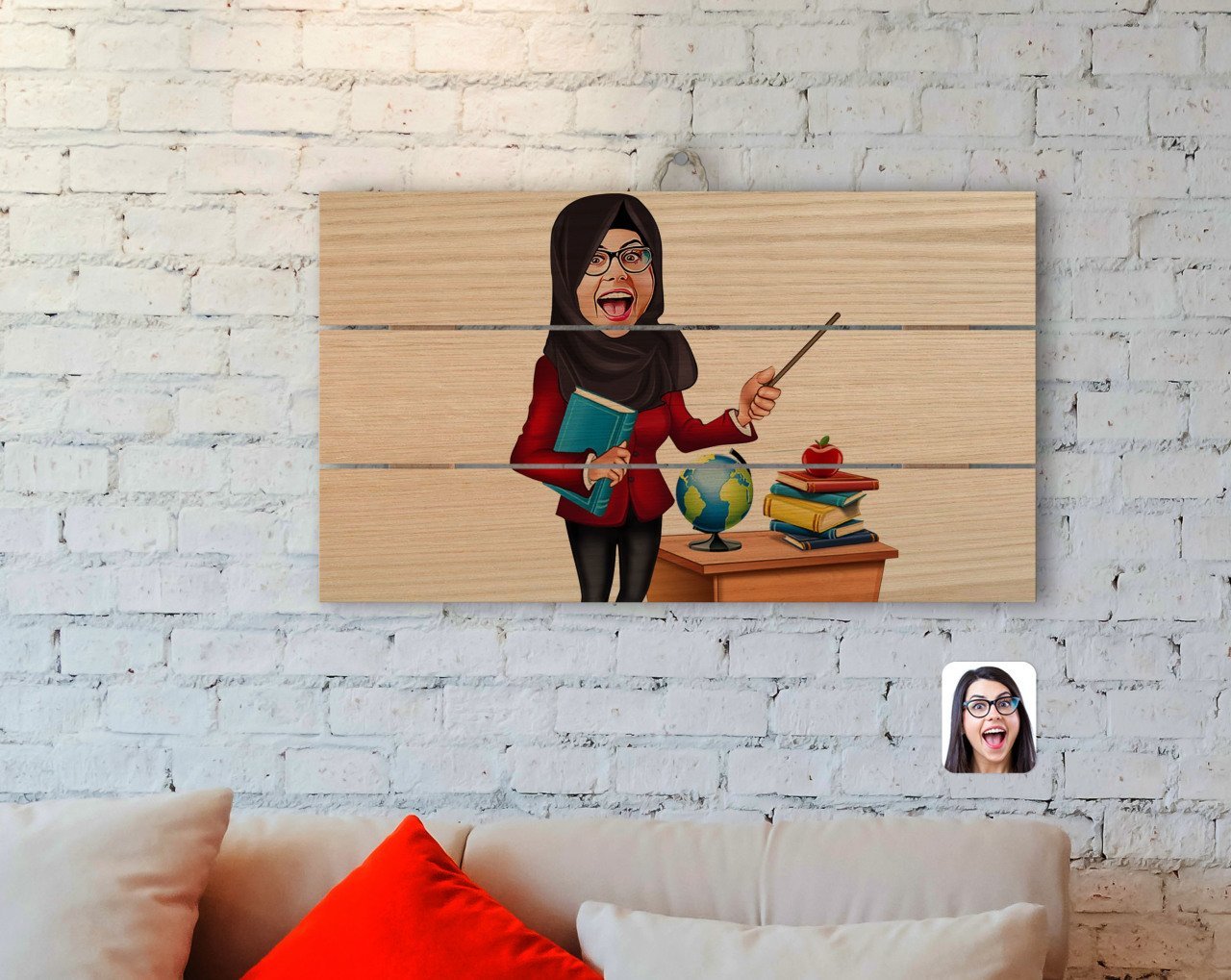 Kişiye Özel Tesettürlü Kadın Öğretmen Karikatürlü Otantik Ahşap Palet Tablo-1