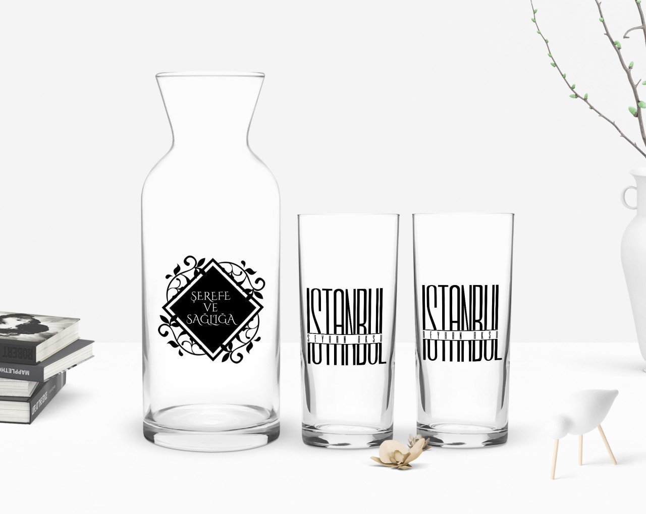 Kişiye Özel Renkli Baskılı İstanbul Tasarımlı İkili Rakı Bardağı ve Karaf Hediye Seti-1