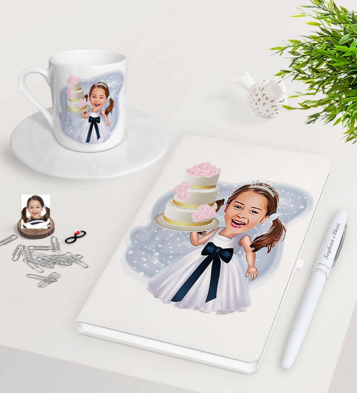 Kişiye Özel Kız Çocuk Doğum Günü Karikatürlü Beyaz Defter Kalem Türk Kahvesi Fincanı Seti-2