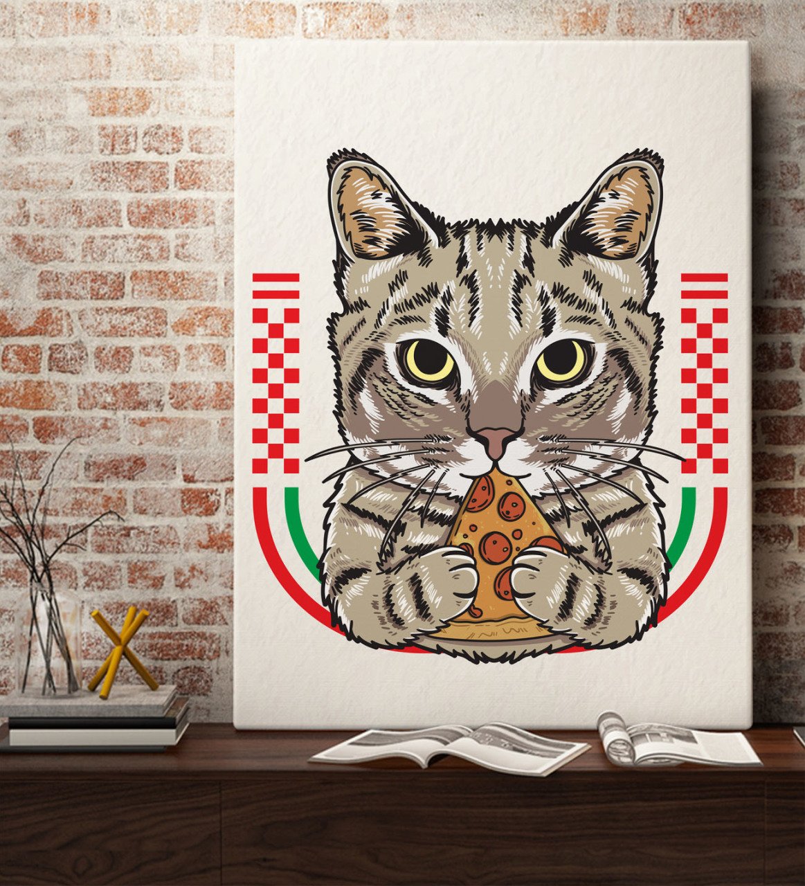 BK Gift Pizza Yiyen Kedi Tasarımlı Kanvas Tablo 70x100cm-1