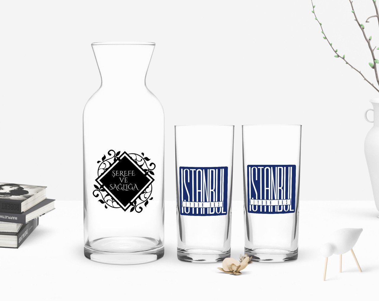 Kişiye Özel Renkli Baskılı İstanbul Tasarımlı İkili Rakı Bardağı ve Karaf Hediye Seti-2