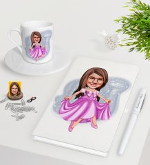 Kişiye Özel Kız Çocuk Prenses Karikatürlü Beyaz Defter Kalem Türk Kahvesi Fincanı Seti-1