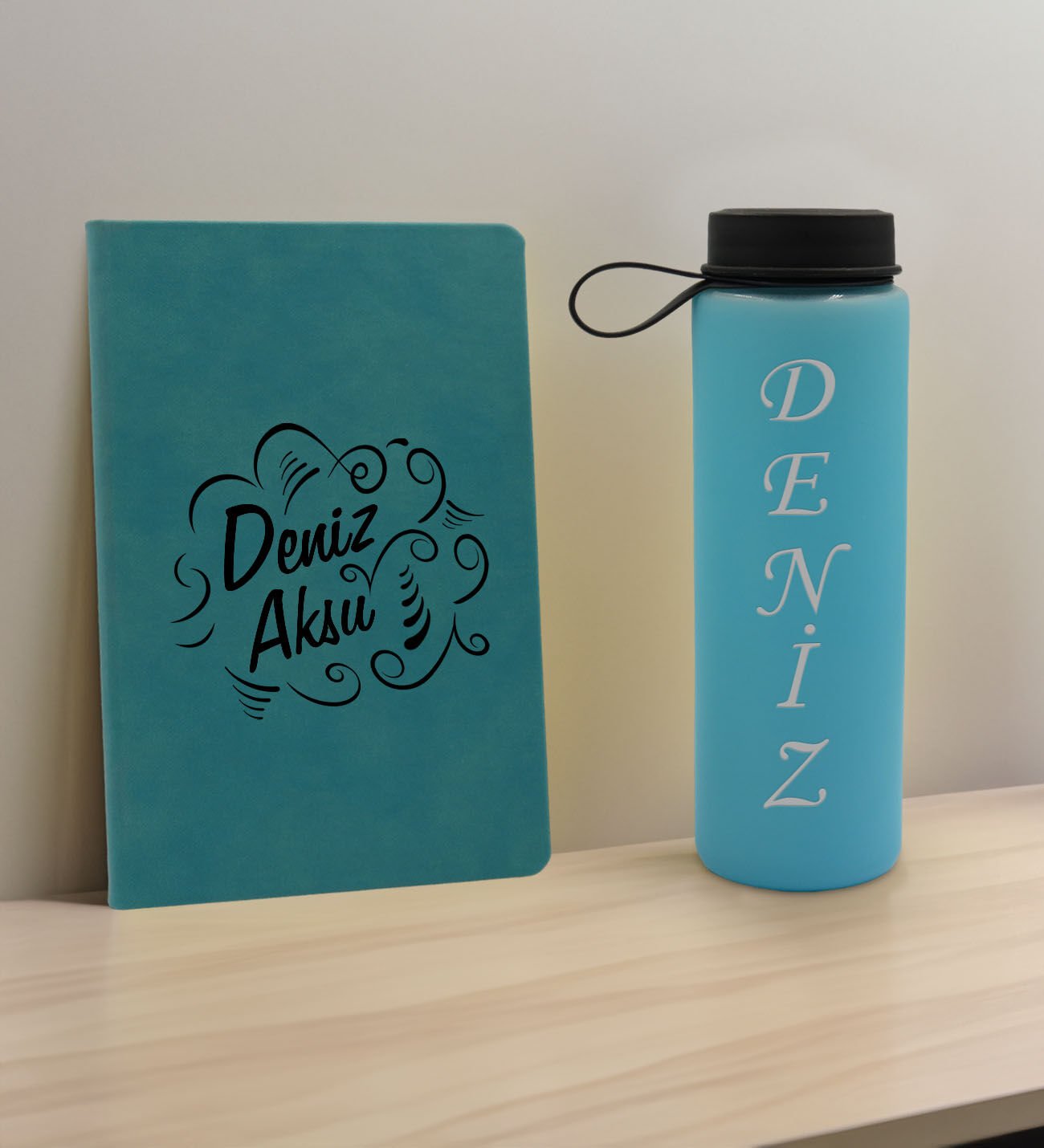 BK Gift Kişiye Özel İsimli Turkuaz Defter ve Cam Matara Hediye Seti-4, Sevgiliye Hediye, Arkadaşa Hediye, Yeni İş Hediyesi