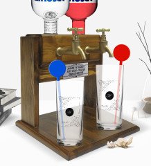 Kişiye Özel Renkli Baskılı Baş Harf İsim Tasarımlı İkili Vodka Bardağı ve Çift Musluklu Doğal Ahşap Vodka Standı-1