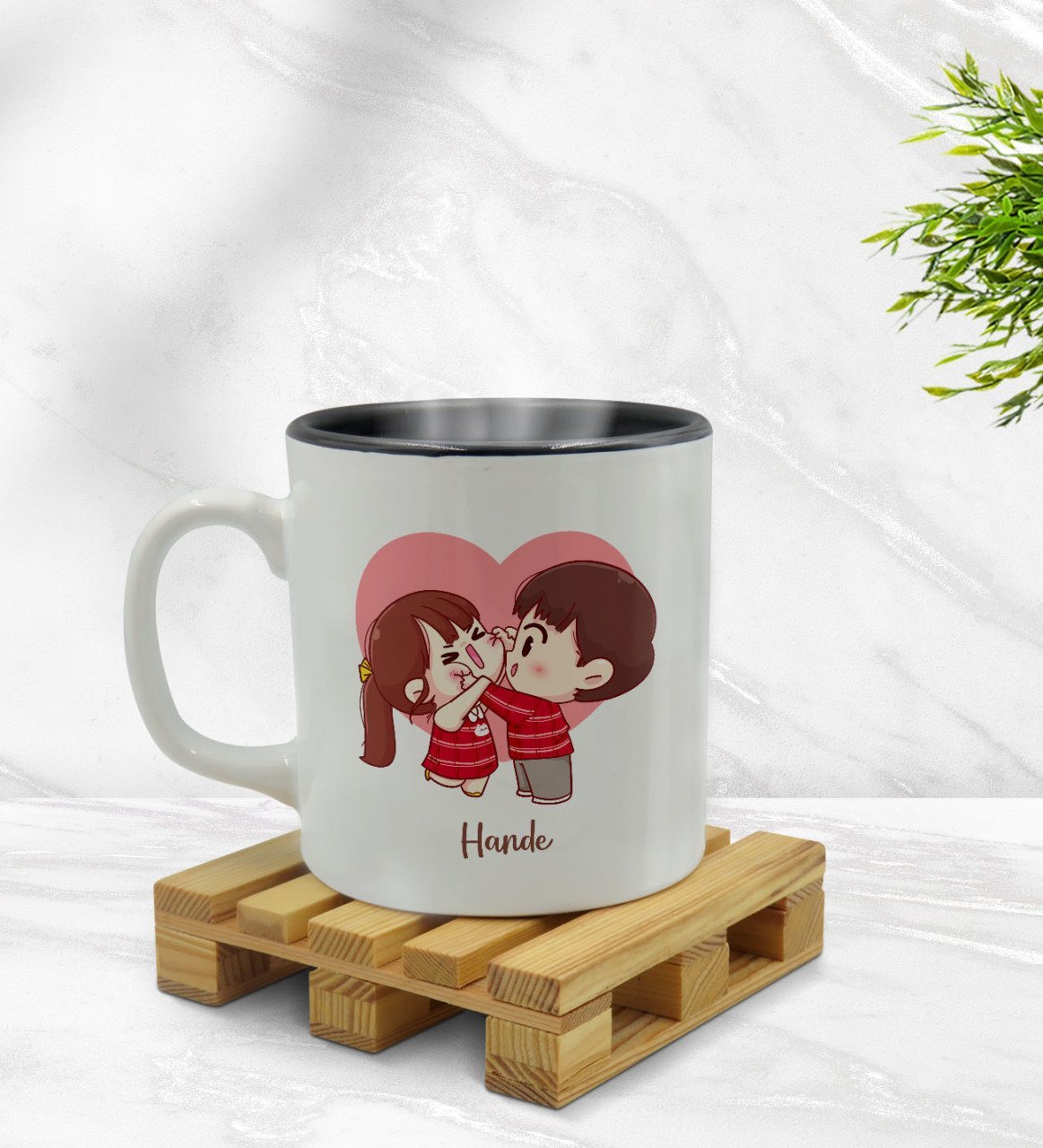 Kişiye Özel Sevimli Çiftler Tasarımlı İçi Siyah Renkli Kupa Bardak Model 9