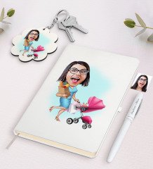 Kişiye Özel Ev Hanımı Karikatürlü Beyaz Defter Kalem ve Anahtarlık Hediye Seti-1