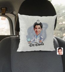 Kişiye Özel İsimli Erkek Diş Hekimi Karikatürlü Kare Araç Koltuk Yastığı-3