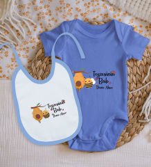 BK Kids Kişiye Özel Teyzesinin Balı Tasarımlı Mavi %100 Pamuklu Kısa Kol Bebek Body Zıbın ve Mama Önlüğü Hediye Seti