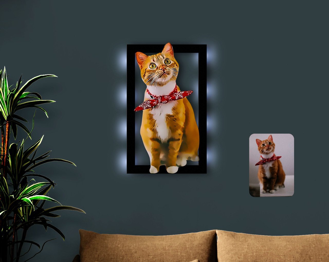 Kişiye Özel Tam Boy Kedi Karikatürlü 3D Led Işıklı Ahşap Tablo-1