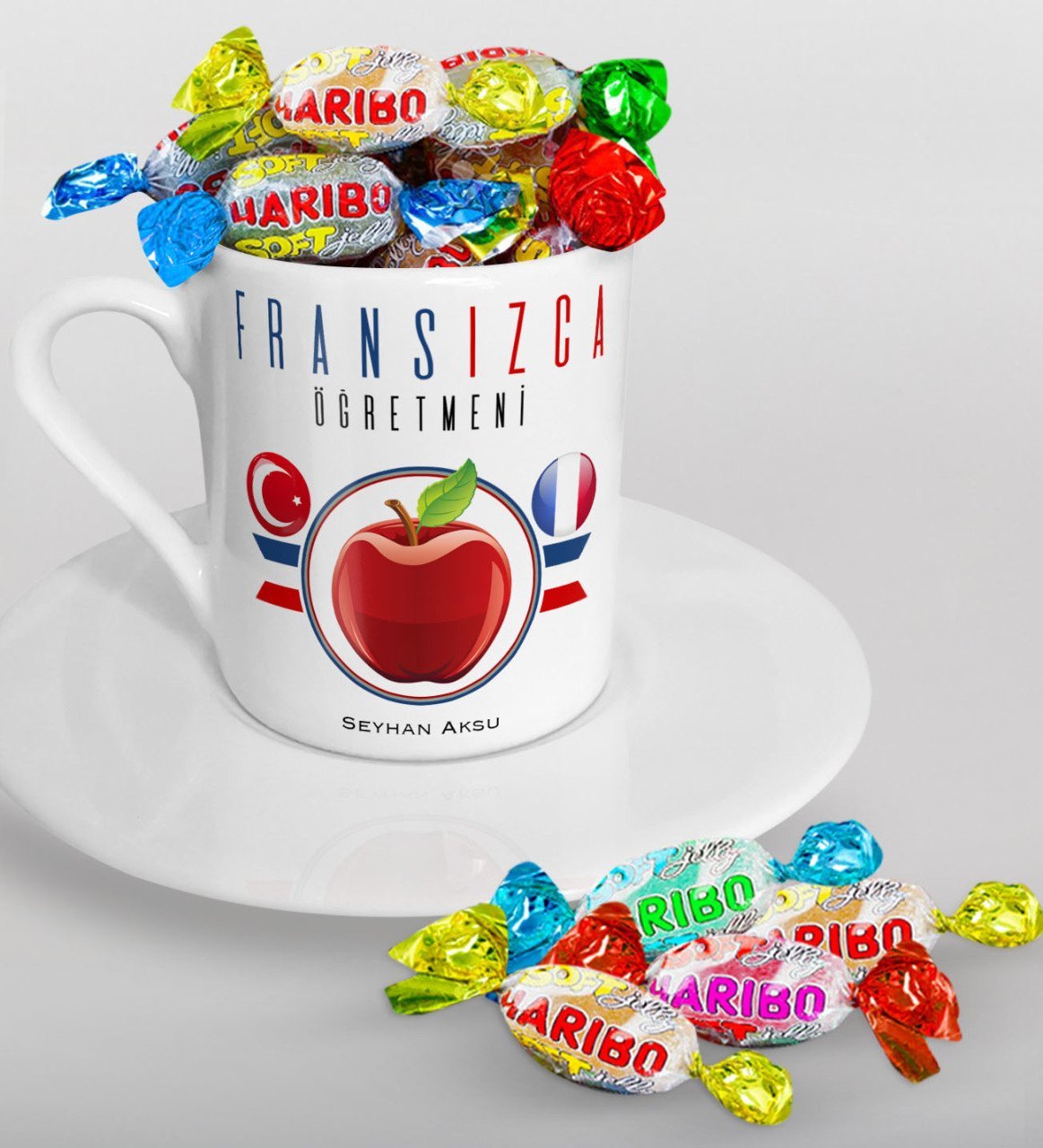 Kişiye Özel Fransızca Öğretmeni Türk Kahvesi Fincanı ve Haribo Şeker Hediye Seti-3