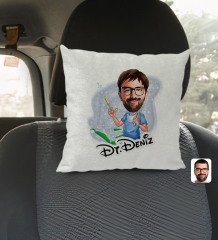 Kişiye Özel İsimli Erkek Diş Hekimi Karikatürlü Kare Araç Koltuk Yastığı-4