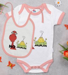 BK Kids No Problem Tasarımlı Pembe Bebek Body Zıbın ve Mama Önlüğü Hediye Seti-1