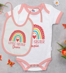 BK Kids Kişiye Özel Little Sister Tasarımlı Pembe Bebek Body Zıbın ve Mama Önlüğü Hediye Seti-1