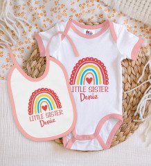BK Kids Kişiye Özel Little Sister Tasarımlı Pembe Bebek Body Zıbın ve Mama Önlüğü Hediye Seti-1