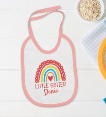 BK Kids Kişiye Özel Little Sister Tasarımlı Pembe Bebek Body Zıbın ve Mama Önlüğü Hediye Seti-1