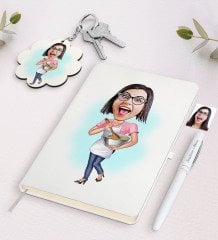 Kişiye Özel Ev Hanımı Karikatürlü Beyaz Defter Kalem ve Anahtarlık Hediye Seti-3