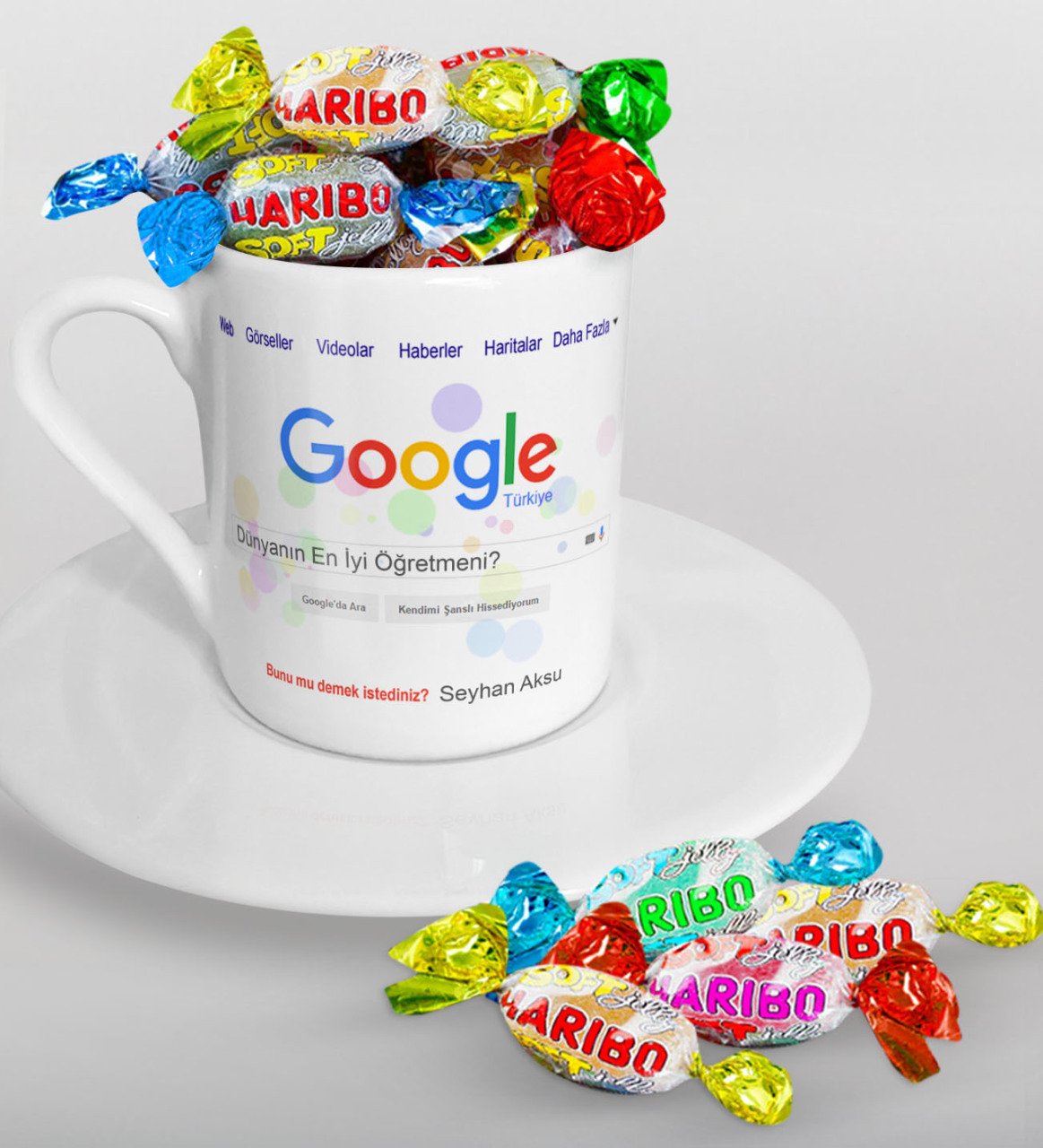 Kişiye Özel Google Dünyanın En iyi Öğretmeni Türk Kahvesi Fincanı ve Haribo Şeker Hediye Seti