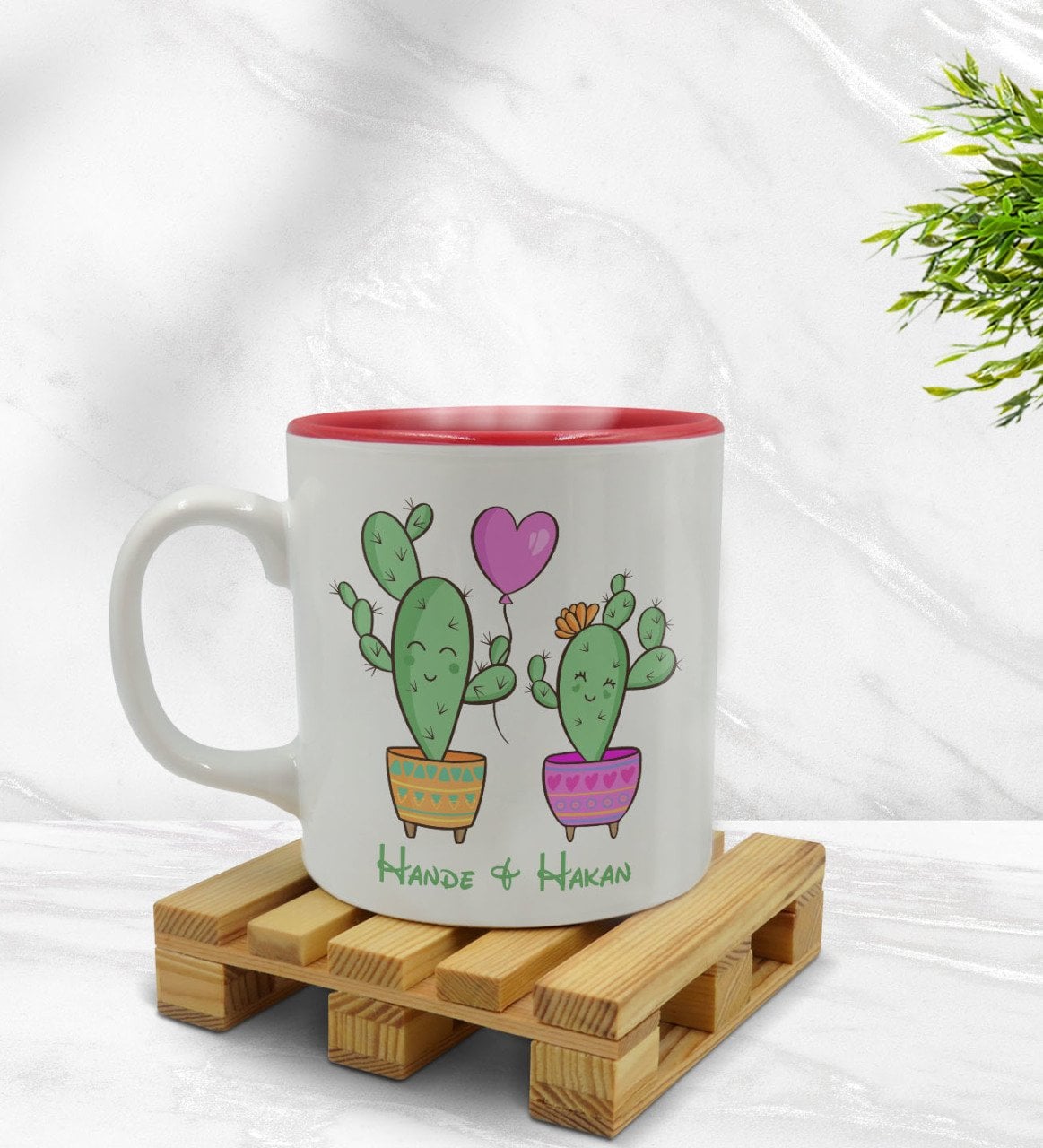 Kişiye Özel Kaktüs Tasarımlı İçi Kırmızı Renkli Kupa Bardak Model 12