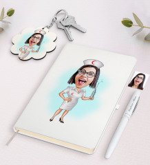 Kişiye Özel Hemşire Karikatürlü Beyaz Defter Kalem ve Anahtarlık Hediye Seti-1