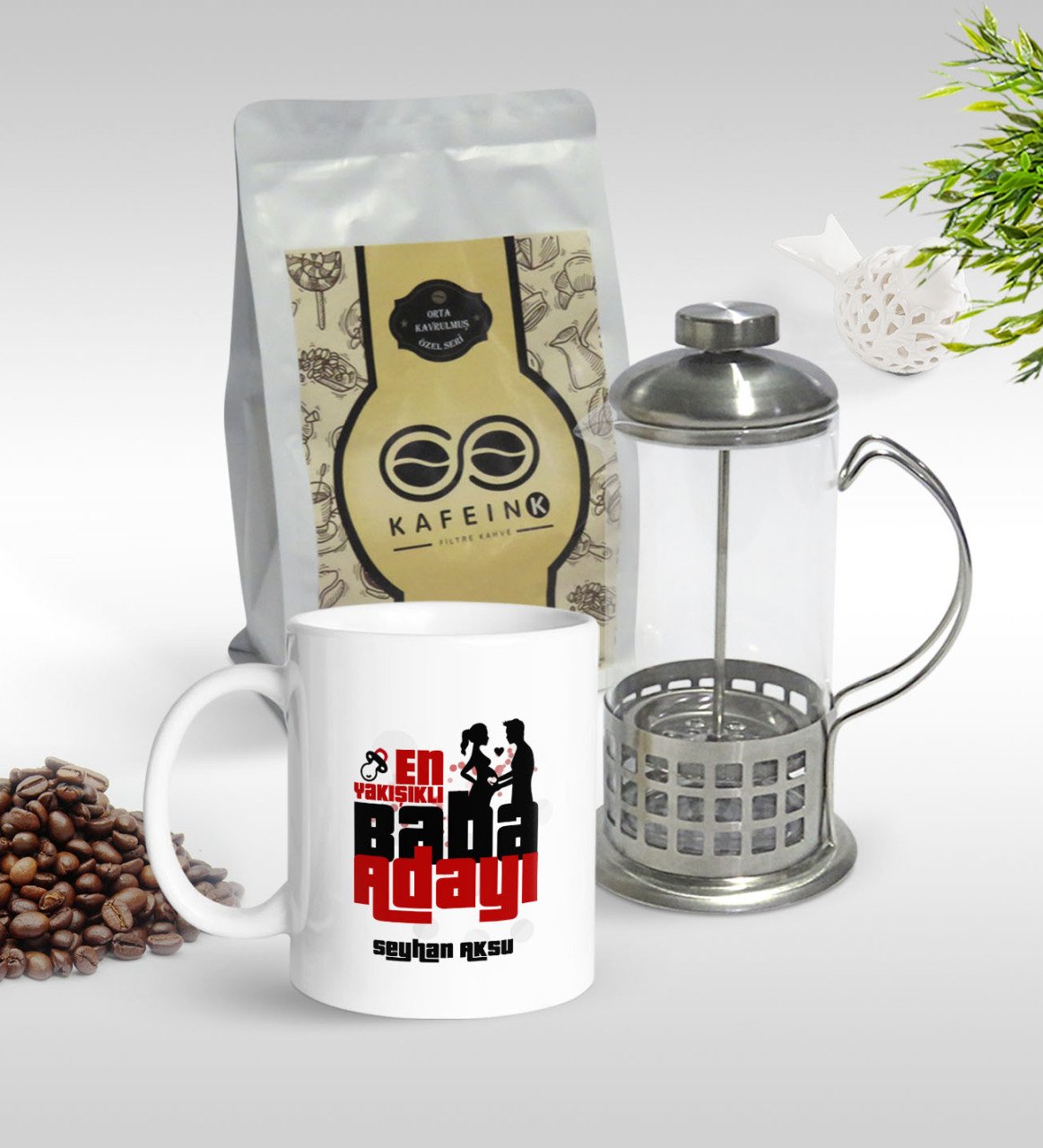Kişiye Özel En Yakışıklı Baba Adayı Tasarımlı Kupa & French Press & 250gr Filtre Kahve Hediye Seti-1