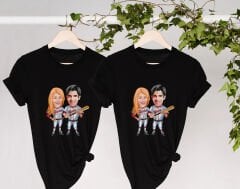 BK Gift Kişiye Özel Sevgililer Karikatürlü İkili Siyah T-shirt Seti, Sevgililer Hediye, Çift Hediyesi, Yıl Dönümü Hediyesi, Kişiye Özel Tişört-3