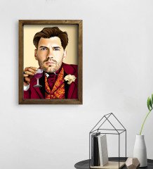 Kişiye Özel Şarap İçen Adam Tasarımlı Doğal Masif Ahşap Çerçeveli Tablo 45x65cm-1