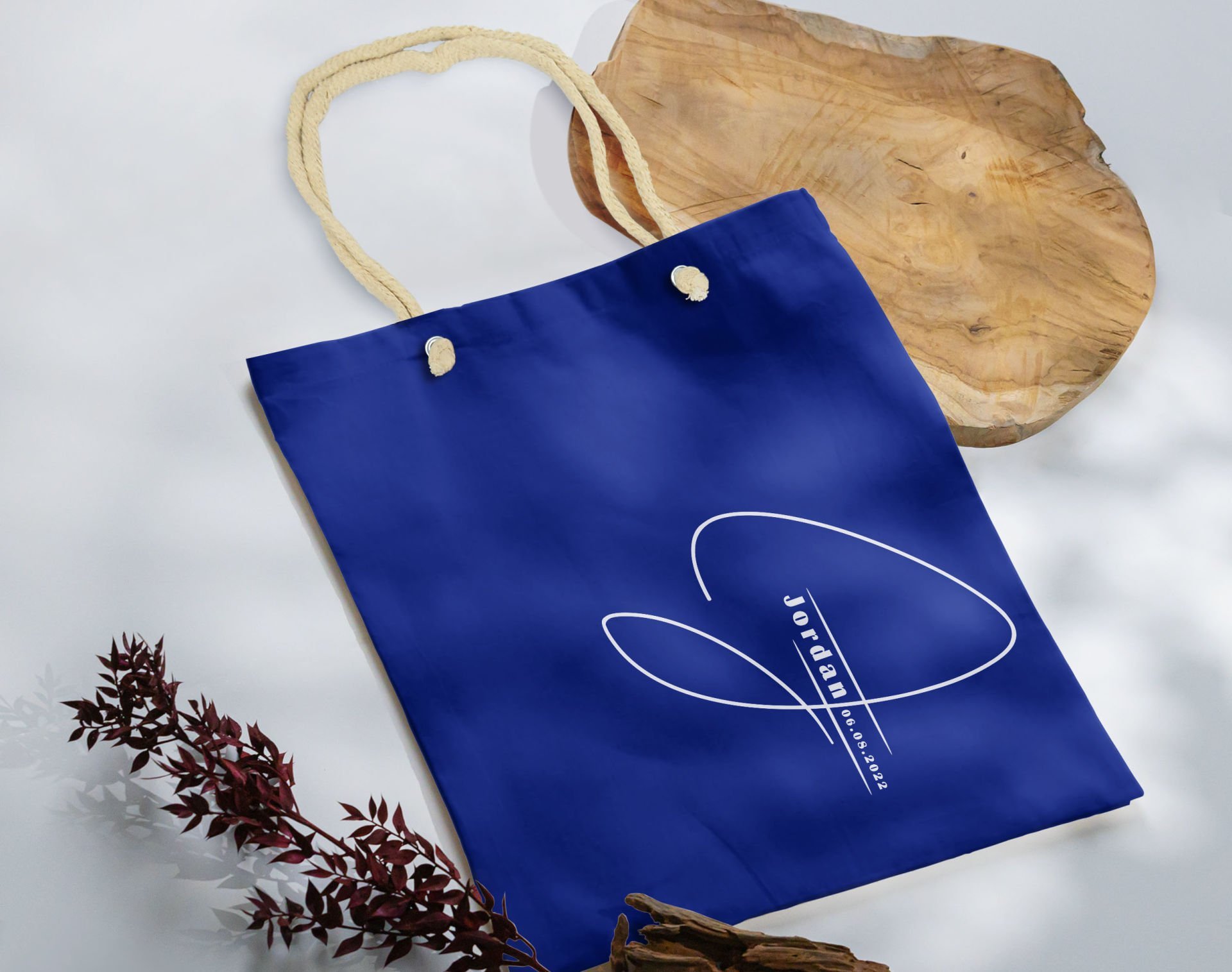 BK Gift Kişiye Özel İsimli Tarihli Mavi Halat Saplı Kumaş Bez Çanta-4, Baskılı Omuz Çantası, Alışveriş Çantası, Arkadaşa Hediye