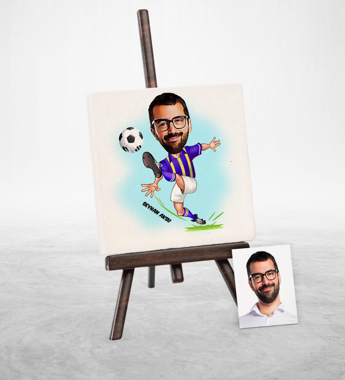 Kişiye Özel Futbol Sarı Lacivert Karikatür Şovaleli Doğal Taş - 1