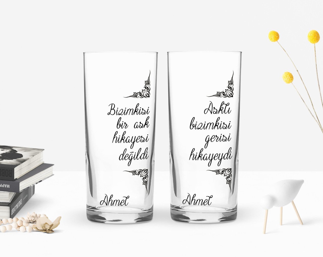 Kişiye Özel Renkli Baskılı Gerisi Hikayeydi Tasarımlı İkili Rakı Bardağı Seti-1