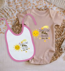 BK Kids Kişiye Özel Halam Halleder Tasarımlı Pembe %100 Pamuklu Kısa Kol Bebek Body Zıbın ve Mama Önlüğü Hediye Seti