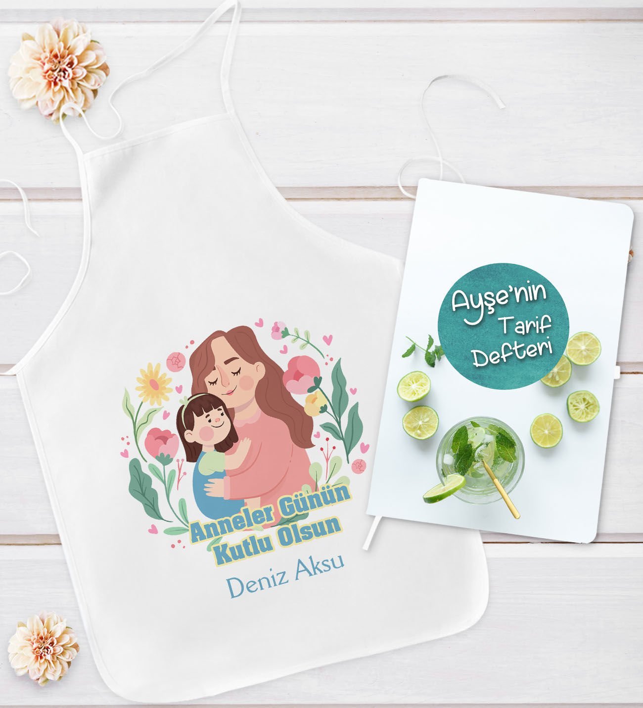 BK Gift Kişiye Özel Anneler Günü Tasarımlı Mutfak Önlüğü ve Yemek Tarif Defteri Hediye Seti-4, Anneye Hediye, Anneler Günü Hediyeleri