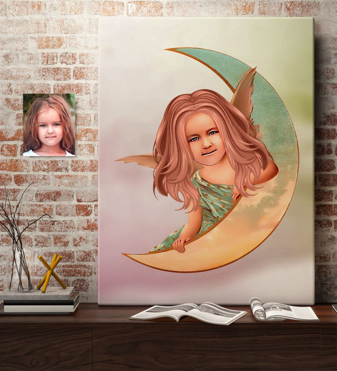 Kişiye Özel Kız Çocuk Melek Karikatürlü Kanvas Tablo 50x70cm-1