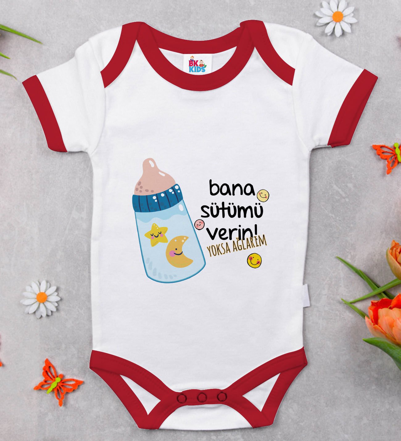 BK Kids Bana Sütümü Verin Tasarımlı Kırmızı Bebek Body Zıbın-1