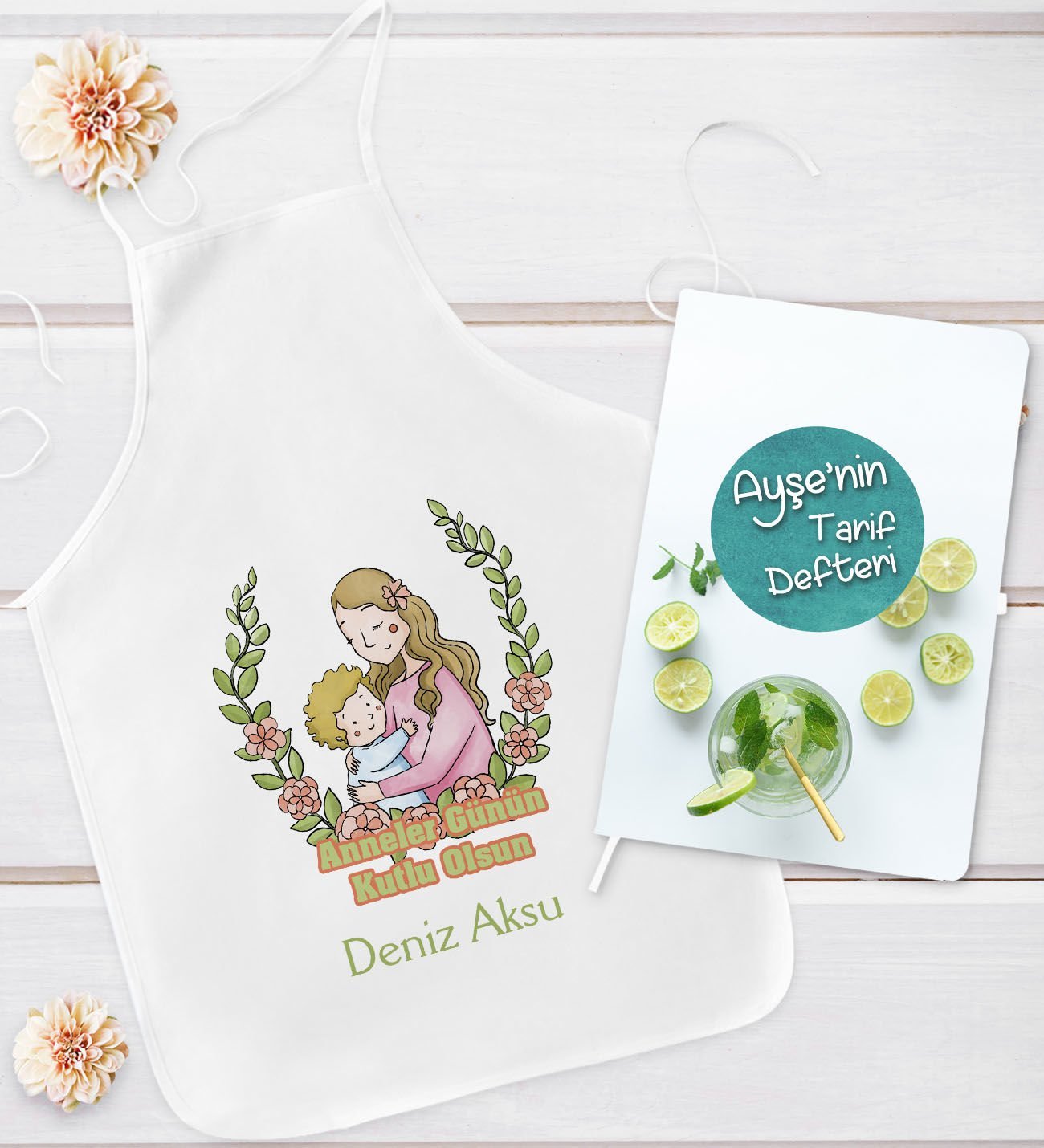 BK Gift Kişiye Özel Anneler Günü Tasarımlı Mutfak Önlüğü ve Yemek Tarif Defteri Hediye Seti-5, Anneye Hediye, Anneler Günü Hediyeleri