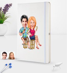 Kişiye Özel Sevgililer Karikatürlü Beyaz Termo Deri Defter 16x24cm Model 51