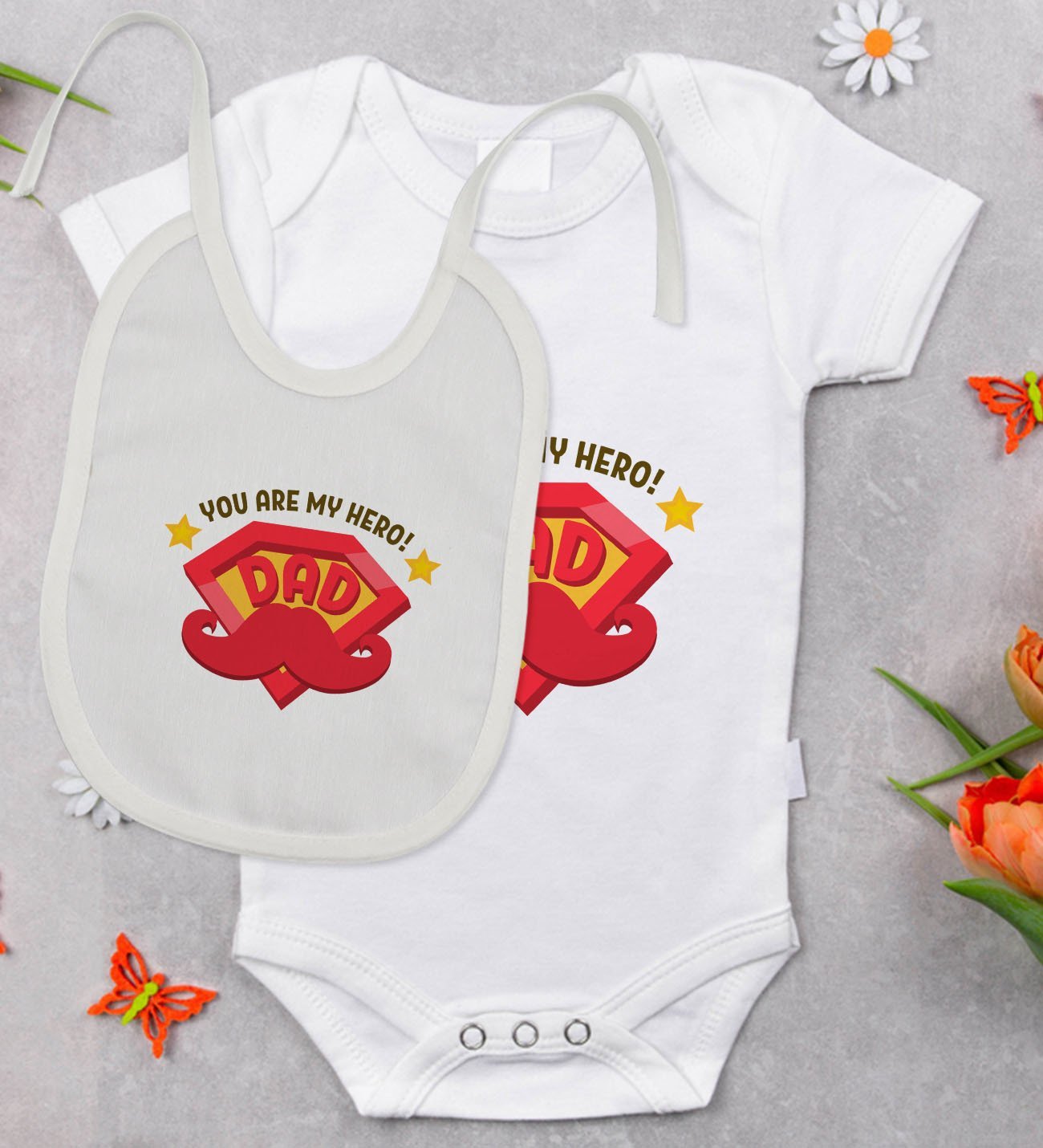 BK Kids You Are My Hero Dad Tasarımlı Bebek Body Zıbın ve Mama Önlüğü Hediye Seti - Model 1