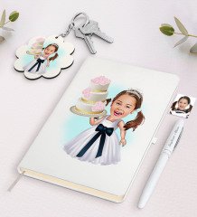 Kişiye Özel Kız Çocuk Doğum Günü Karikatürlü Beyaz Defter Kalem ve Anahtarlık Hediye Seti